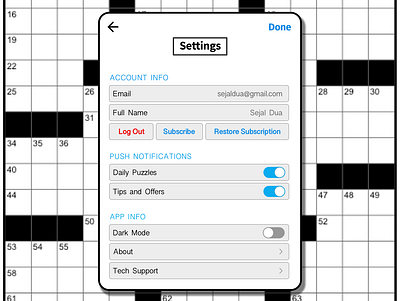Day 7: settings 007 100daychallenge 100daysofui app crossword dailyui day7 design new york times nyt nyt crossword settings settings page settings ui sketch ui