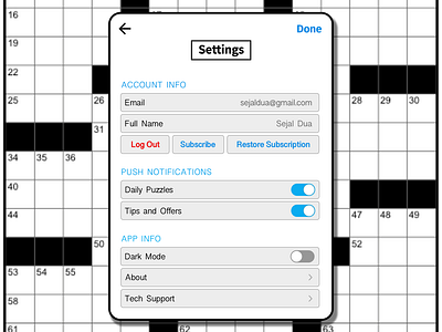 Day 7: settings 007 100daychallenge 100daysofui app crossword dailyui day7 design new york times nyt nyt crossword settings settings page settings ui sketch ui