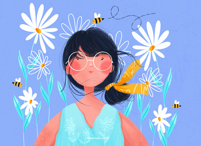The girl and the honey bee daisy flowerillustration funwithfaces girlillustration honeybee illustration illustration art illustrator summertime
