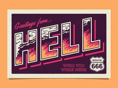 Greetings from HELL fire hell postcard retro travel