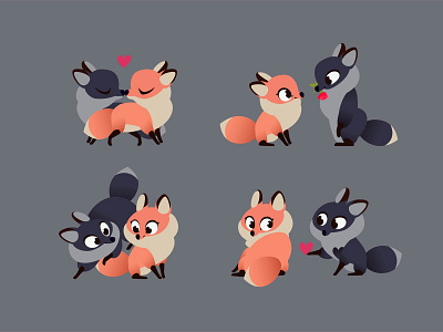 Foxs animal animation cartoon character cute design dog flat fox funny hard illustration kisses love racoon set valentine vector