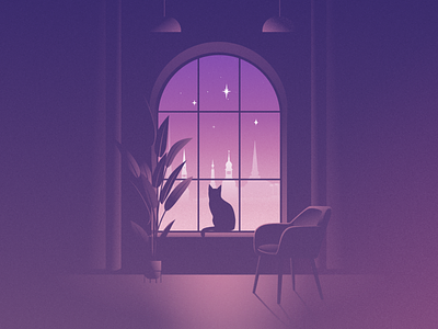 Night in Old Riga cat city illustration mood vector illustration view window