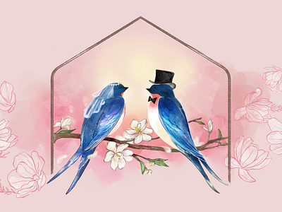 Bird Couple bird flower greenery illustration pink watercolor