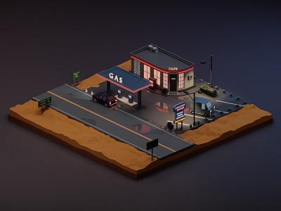 Highway Gas Station blender blender3d blender3dart design eevee illustration lowpoly lowpolyart typography