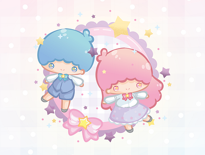 Little Twin Stars blue fanart illustration kawaii little twin stars pastel pink purple ribbons sanrio stars