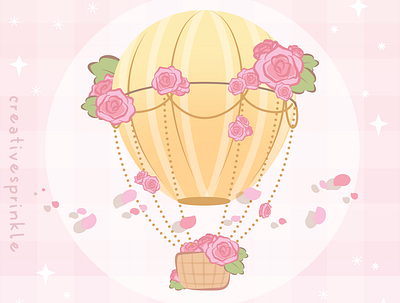 Hot air balloon with rose bouquets and petals affinity designer cute floral art hot air balloon illustration ipad art pink roses valentines vector art