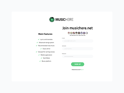 Musichere - Daily UI Challenge #001 - Sign Up dailychallenge dailyui dailyui001 design login music app sign in sign up ui ux