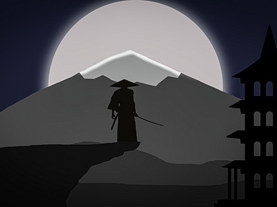 Samurai grey illustration japan japanese katana moon moonlight mountain photoshop samurai