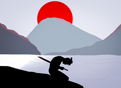 Harakiri design drawings japan japanese mountain photoshop river samurai sun
