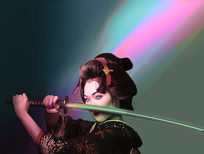 Katana Girl cyber digitaldrawing drawing geisha glow glowing illustration katana photoshop