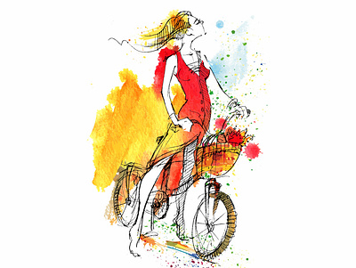 Beautiful blonde rides a bike in the summer art design fantasy fashion graphic illustration print sketch vector watercolor
