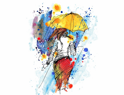 Woman in the rain art design fantasy fashion graphic illustration print sketch vector watercolor