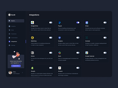 Scrolt: Dashboard Integration Page (Dark Version)