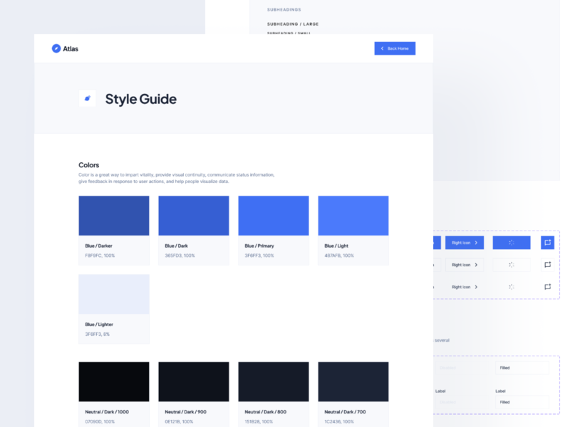 Personal Blog Template: Style Guide atlas blog buttons color scheme colors dark mode colors design guideline design system figma figma variants inputs style guide typography visual identity