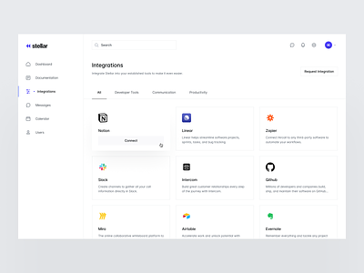 Stellar: Integrations clean dashboard design design system desktop figma integrations modal modern pixel perfect saas settings settings page stellar ui ux web