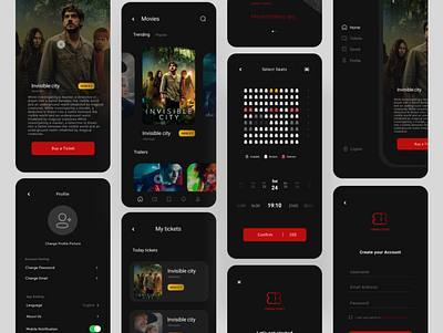Cinema Booking App appdesign branding cinema cinemaapp darkapp design illustration interaction landingpage ui ux uidesi uidesign