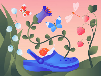 Summer berry butterfly crocs editorial illustration flower illustration meditation minimal snail summer