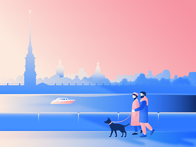 Saint Petersburg boat city illustration dog editorial illustration gradient illustration minimal people saint petersburg tourism walking