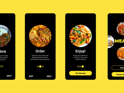Onboarding screens and home screen for a food ordering app