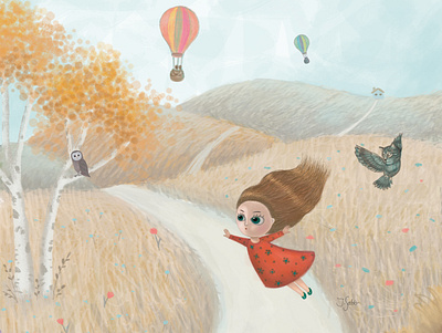 Little Girl Flying Away balloons characterdesign childrens illustration countryside girl character girl flying girl illustration illustration illustrator kids illustration owl illustration