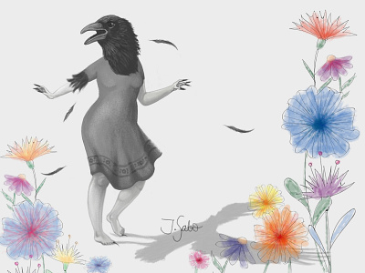 RUN! character design character illustration characterdesign crow crow illustration crow woman feathers flower illustration flowers illustration illustrator photoshop watercolor woman illustration