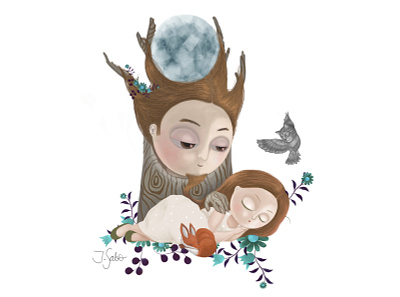 My Father is the Moon God. He Watches Over Me While I Sleep. character design characterdesign children book illustration childrens book childrens illustration fox fox illustration girl character illustration illustrator moon moon god owl illustration photoshopart