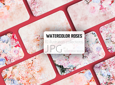 Watercolor rose flower bouquet and background blossom
