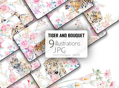 Beautiful watercolor tiger and bouquet illustration leaves