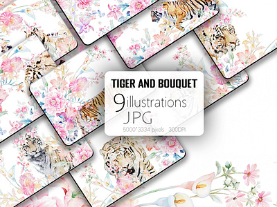 Beautiful watercolor tiger and bouquet illustration