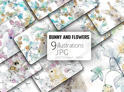 Beautiful watercolor bunny and flowers illustration bunny