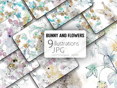 Beautiful watercolor bunny and flowers illustration