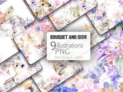 Watercolor bouquet and deer illustration isolated
