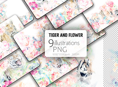 Watercolor tiger and flower illustration summer