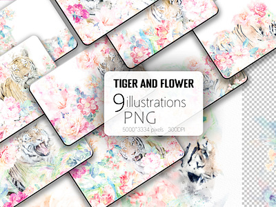 Watercolor tiger and flower illustration