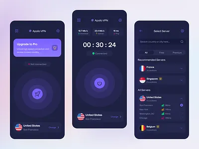 Apollo VPN - VPN Mobile App UI Design 🌐 internet internet security ios ios app mobile app mobile design privacy proxy security ui uiux userinterface ux vpn app vpn mobile vpn proxy vpn world