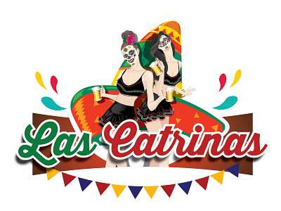 Las Catrinas Restuarant Logo beer beerlogo branding catrina celebration diadelosmuertos festive foodie green hat logo mexican mexican art red restuarant sign