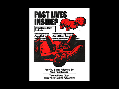 PAST LIVES INSIDE? advertisement apparel design illustration medical poster design red satire skulls typography vintage vintage design