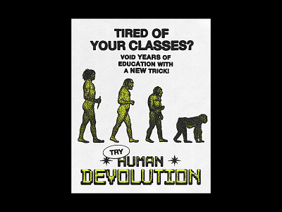 Human Devolution advertisement apparel branding darwin design digital evolution illustration retro satire typography vintage vintage advertisement vintage design