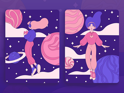 Cosmic girls girls illustration illustration art planet postcard space stars vector