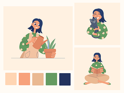 Illustration of soft girl cat character design girl illustration plants reading vector