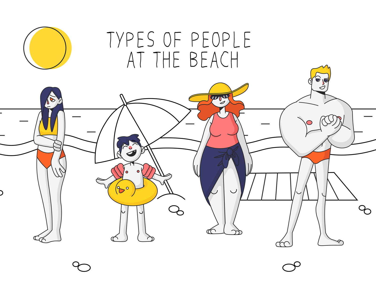 Types of people at the beach character design art beach character design drawing illustration illustration art summer vector