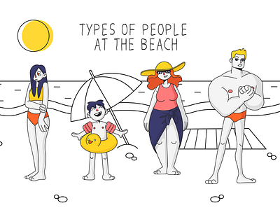 Types of people at the beach character design art beach character design drawing illustration illustration art summer vector