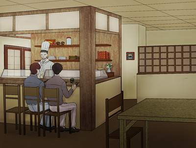 At a sushi bar anime design illustration