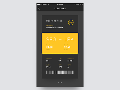 Boarding Pass — DailyUI #4 airlines barcode boarding pass ios lufthansa pane ticket ui wallet