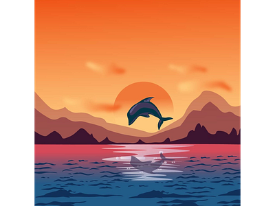 Daily Illustration- 023 dolphin illustration sea sun