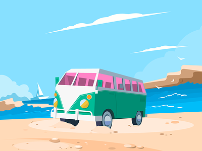 Beach-Retro beach illustration retro transporter vector volkswagen