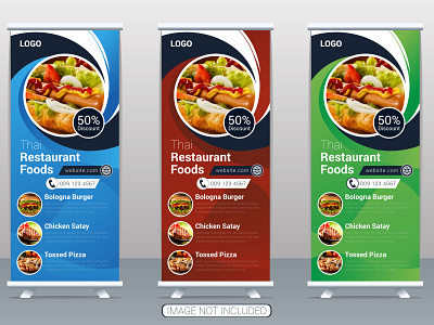 Creative restaurant food menu roll up banner design with three d rollup designs