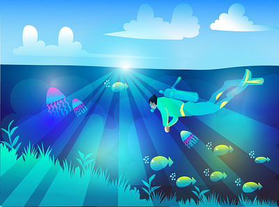 Sea Illustration art artwork artworks avatar branding cartoon digital art digital painting fish illustration landscape logo scuba sea ui ux vector water web