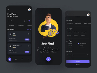 Job Finder Mobile App Design 3d animation app best design branding clean design design graphic design illustration job finder app design job finding mobile app design job list job search logo mobile app design motion graphics online market ui design ui kite uiuxdesign