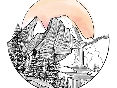 Warm the Sun illustration illustration design landscape line art lineart linework mountains nature sunset